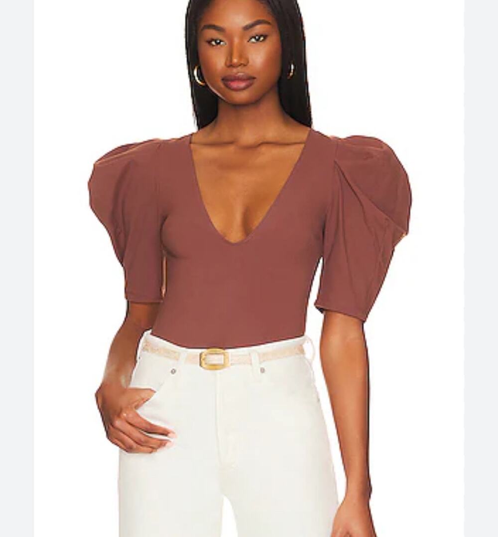Free People Va Va Voop Bodysuit in Java Brown Short Puff Sleeve Deep V Neck Sz S